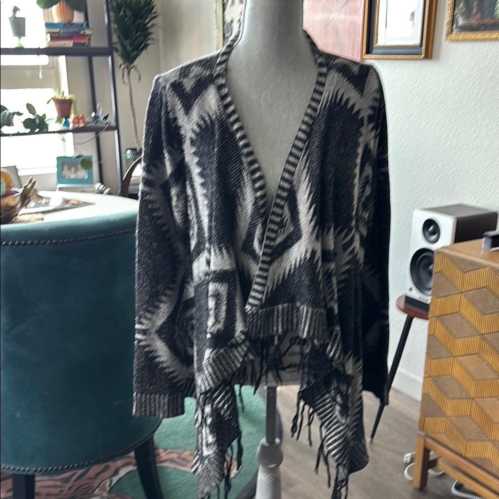 Romeo & Juliet Couture Black and White Cardigan Sweater with Fringe